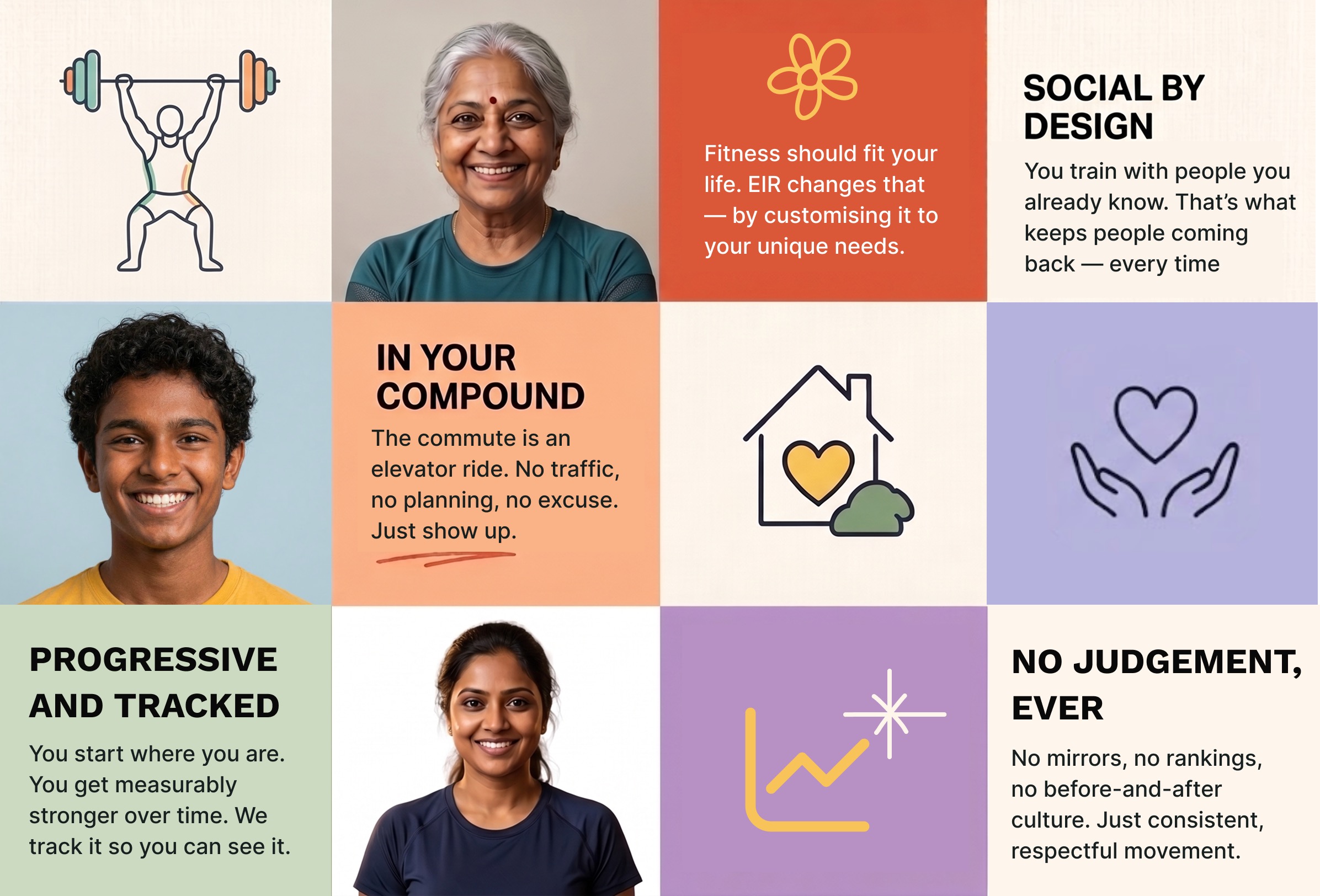 Collage showing community fitness, resident portraits, and program values.