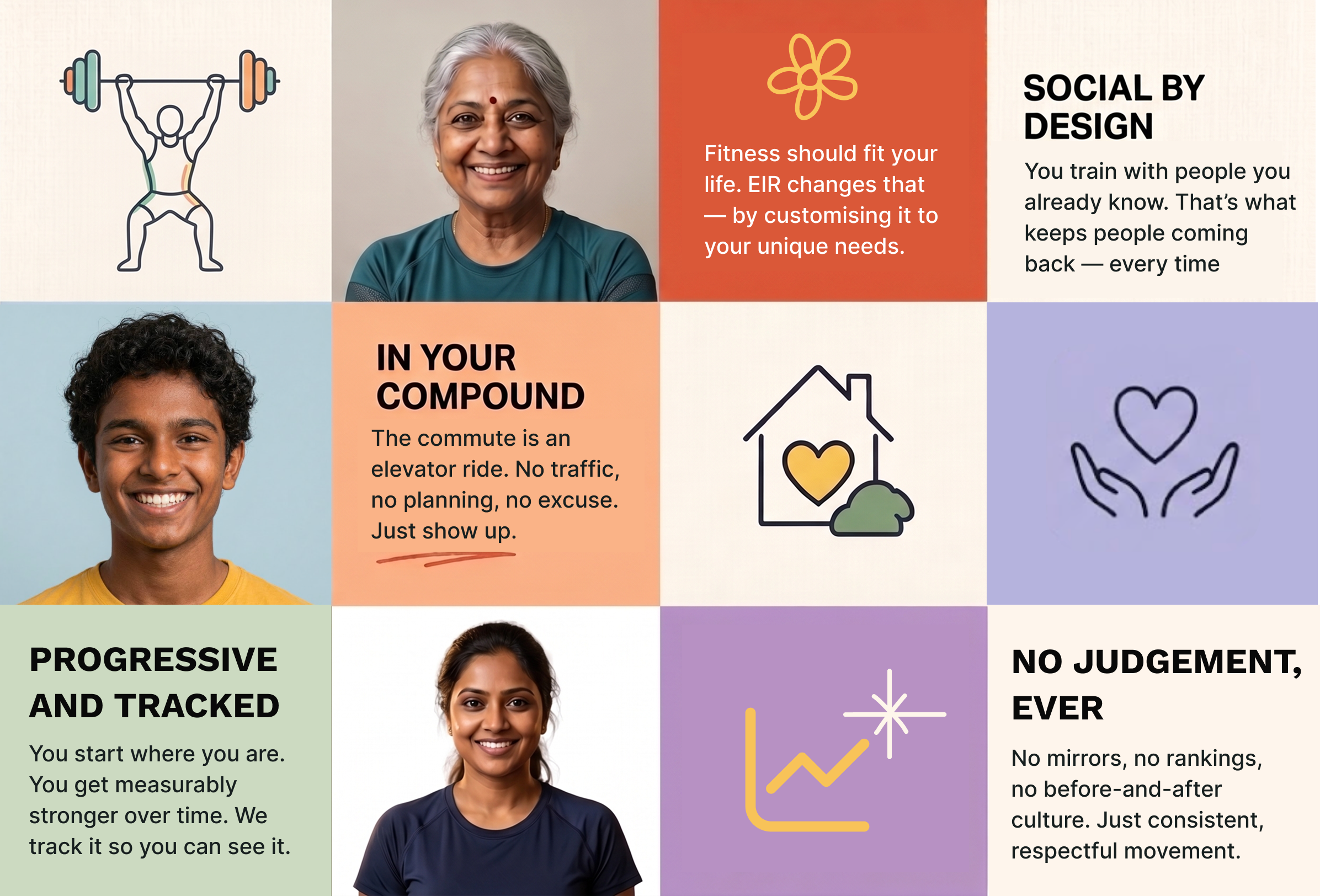 Collage showing community fitness, resident portraits, and program values.