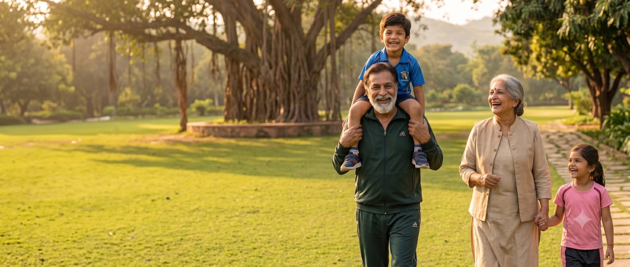 Grandparents walking outdoors with grandchildren in a green park.
