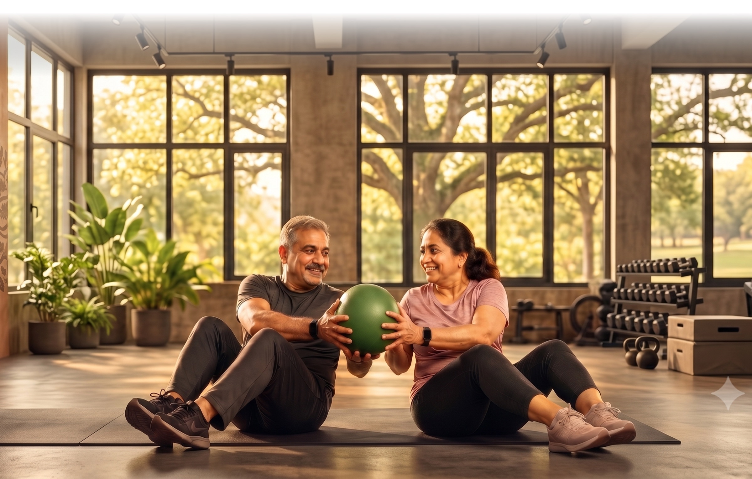 Two older adults smiling while exercising with a medicine ball in a bright studio.